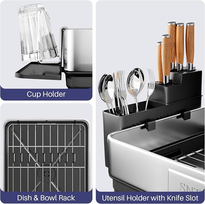 SNTD 304 Stainless Steel Dish Drying Rack for Small Kitchen Counter, Black | Rustproof, Large Capacity, Heavy-Duty Frame, Rotating Spout, Angled Drainboard, Removable Cup & Utensil Holder - Image 5