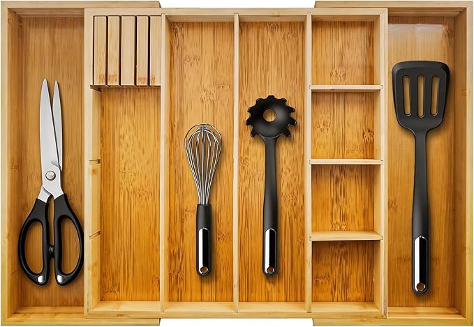 Bamboo Expandable Drawer Organizer, 15"-22" Storage Tray | Expandable 15"-22" bamboo drawer organizer with removable dividers, customizable storage for kitchen, makeup and office. by KWASVLYA-ForTheQuietJoysOfHome