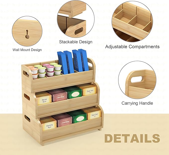 Wisuce 3-Tier Bamboo Tea Bag Organizer, Stackable Tea Holder for Countertop (Natural) - Image 4