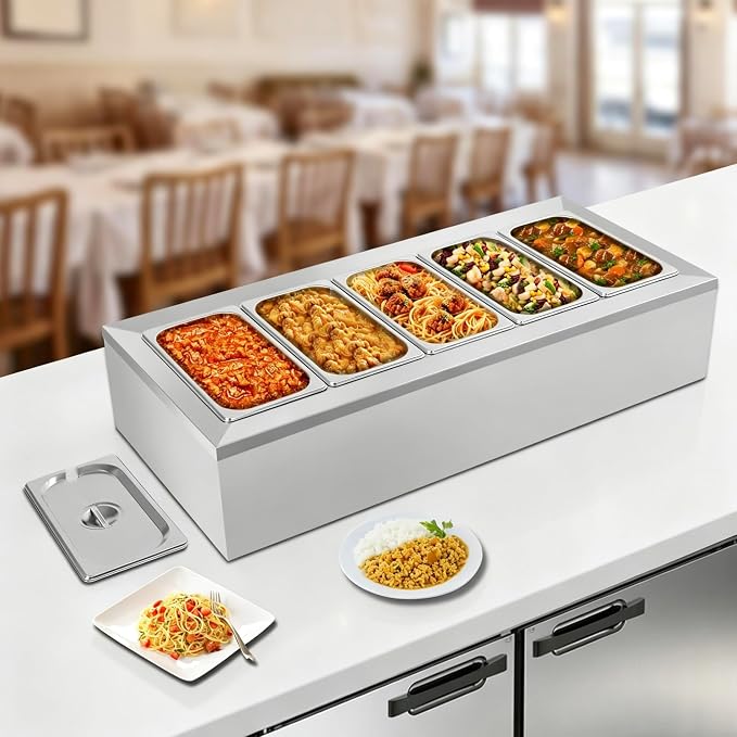 Pizza Oven Topping Station Condiment Food Prep Container Pans Rack | Stainless Steel Container Set with 5 1/3 Pans & Lids, Sandwich Prep Table Ingredients Holder Kitchen Restaurants Buffet - Image 6