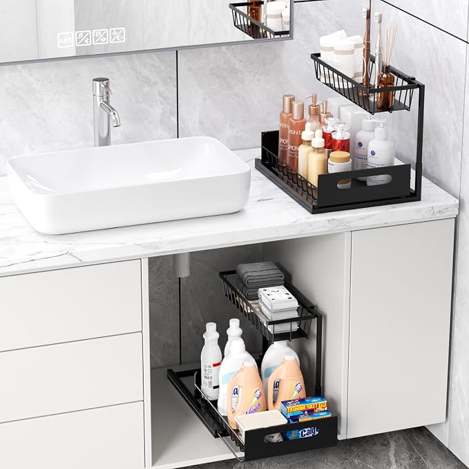Under Sink Organizers and Storage With 4 Hooks - 2 Tier Pull Out Sink Shelf Cabinet Storage Shelves, L-Shape Under Sink Organizer for Kitchen & Bathroom Cabinet - Image 5