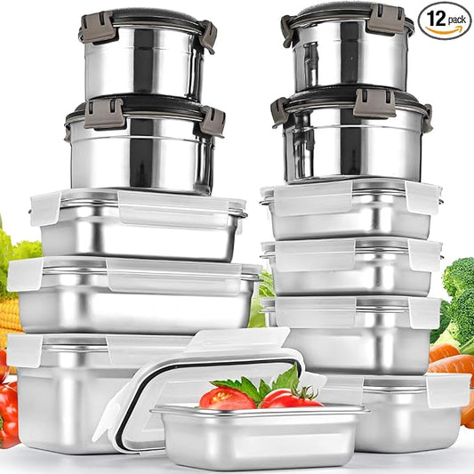 Cykorxicc 12PC 304 Stainless Steel Food Storage Containers with Lids Leakproof, Meal Prep Container Airtight, Lunch Boxes, Kimchi Containers for food storage Nestable | Oven/Dishwsher/Freezer Safe by Cykorxicc