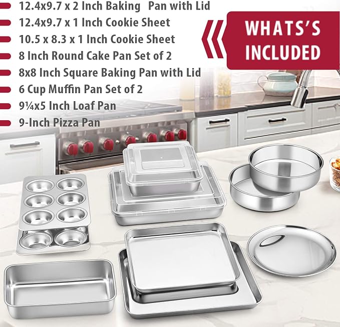 E-far 12-Piece Stainless Steel Bakeware Sets, Metal Baking Pan Set Include Round Cake Pans, Square/Rectangle Baking Pans with Lids, Cookie Sheet, Loaf/Muffin/Pizza Pan, Non-toxic & Dishwasher Safe - Image 2