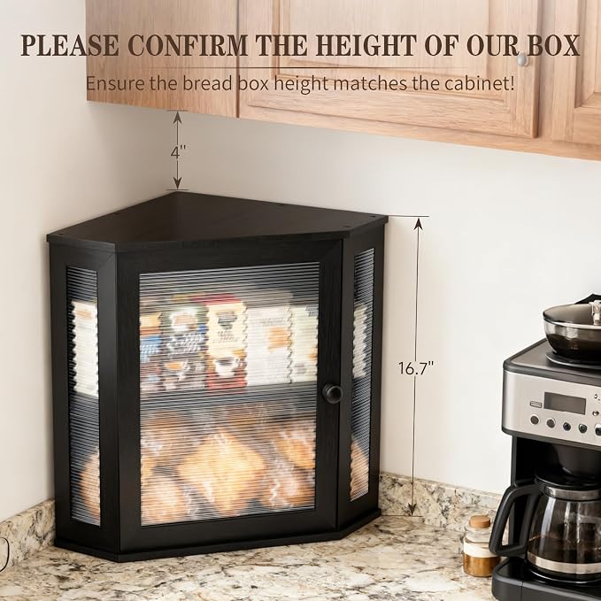 Extra Large Corner Bread Box - Bamboo Bread Box for Kitchen Countertops, Large Capacity Kitchen Bread Storage and Organizer with Corrugated Acrylic Wavy Window (Black) - Image 3