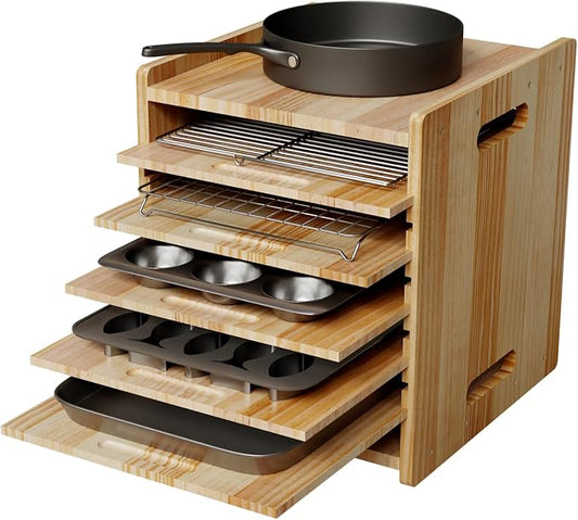 7 Tiers Cookie Sheet Organizer for Cabinet, Wooden Tray Dividers for Kitchen Cabinets Baking Sheet Pan Organizer, for Heavy Pans, Cutting Board, Bakeware, Kitchen Cupboard Storage, Solid Wood by Haidaiya