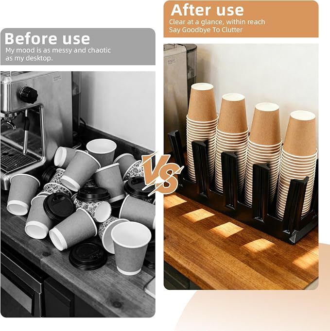 Black Commercial Cup and Lid Holder with Straw Organizer,Disposable Coffee Cup Condiment Dispenser for Countertop Org, Bar, Beverage Cup, Kitchen, Breakroom 18.7"x4.72"x9.92"(Rectangular cup holder) - Image 4