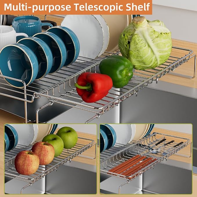 Dish Drying Rack Stainless Steel Expandable Large | Dish Drainer for Kitchen Counter with Stainless Drain Board Rustproof Collapsible Space Saving - Image 9