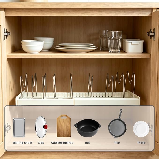 2-Pack Pots & Pans Organizer – Under Cabinet Storage with Dividers | 12.6-22.4-Inch Rack Fits Most Cabinets | 9 Adjustable Dividers | Maximizes Kitchen Cabinet Space | White - Image 4