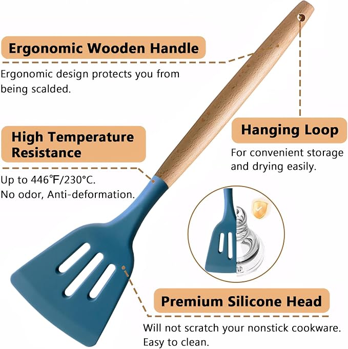 Silicone Kitchen Cooking Utensils Set 5Pcs Non-Stick Silicone Kitchen Utensils Set Spatula Spoon Turner Ladle with Wooden Handle, Heat Resistant Cooking Gadgets for Nonstick Cookware BPA-FREE - Image 2