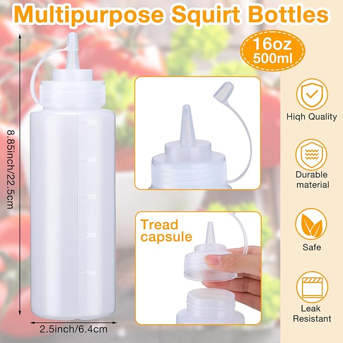 Xinnun 24 Pcs Plastic Condiment Squeeze Bottles Squeeze Leak Proof Multipurpose Squirt Bottles with Twist Top Cap for Sauces Ketchup BBQ Syrup Dressings Paint Grilling Crafts Olive Oil Arts (16 oz) - Image 2