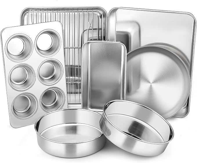 Toaster Oven Bakeware Set, E-far 8-Piece Stainless Steel Small Baking Pan Set, Include 6-Inch Cake Pan/Rectangle Baking Pan/Cookie Sheet with Rack/Muffin/Loaf/Pizza Pan, Non-Toxic & Dishwasher Safe by E-far