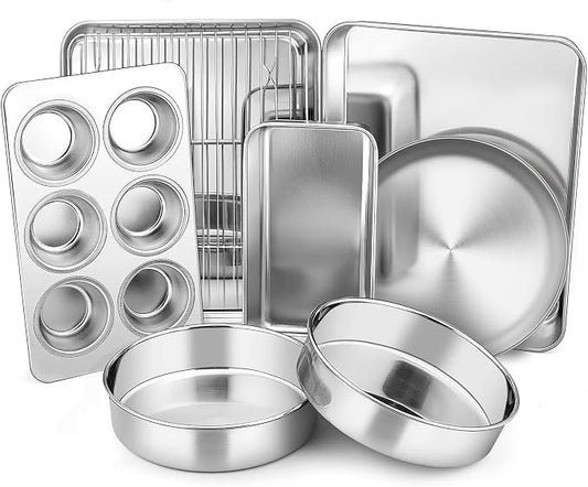 Toaster Oven Bakeware Set, E-far 8-Piece Stainless Steel Small Baking Pan Set, Include 6-Inch Cake Pan/Rectangle Baking Pan/Cookie Sheet with Rack/Muffin/Loaf/Pizza Pan, Non-Toxic & Dishwasher Safe by E-far