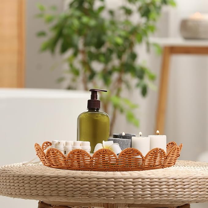 3 Pcs Scalloped Rattan Baskets, Baby Diaper Caddy, Imitation Woven Rattan Wicker Storage Baskets Plastic with Lid for Nursery Storage Organizer Bathroom Decor (Dark Brown,Small,Medium,Large) - Image 4