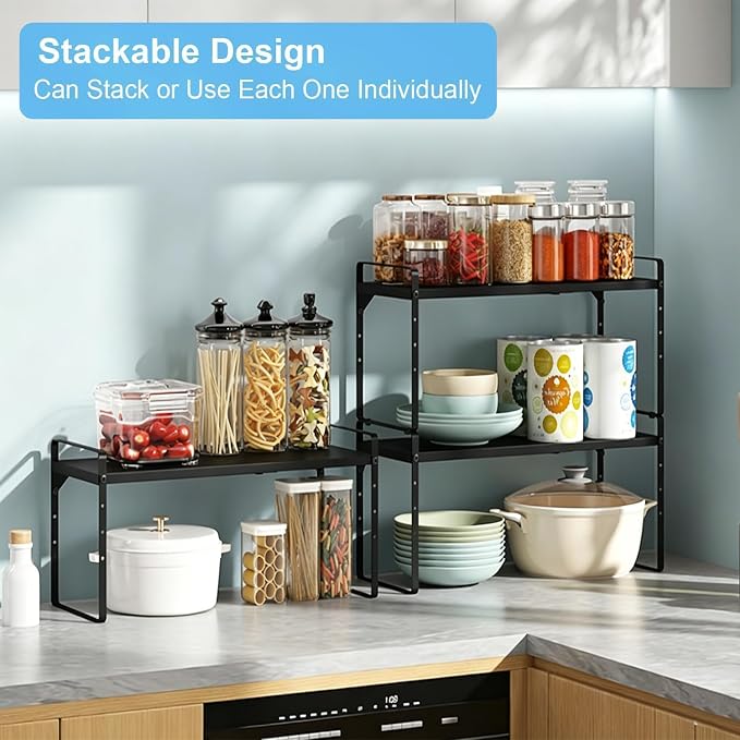 15.5 to 25.5 Inch Kitchen Cabinet Shelf Organizers, Adjustable Kitchen Counter Shelf Organizer, Set of 3 Expandable Countertop Storage Shelves, Stackable Design, 30LBS Heavy Duty, Space Saver - Image 5