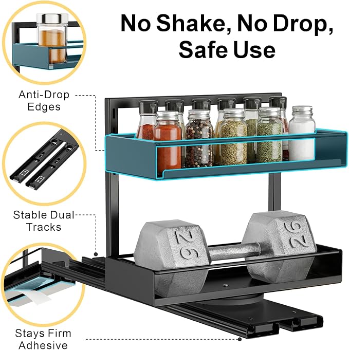 Pull Out Spice Rack - 2 Pack Spice Organizer for Cabinet | For Flat-Front Cabinets Only, Pull-Out Rotating Access, No-Drill Mount, Keeps Spices Visible Easy to Reach, Adjustable Height - Image 6