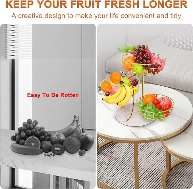 Livabber Fruit Basket Bowl with Banana Hanger, Metal Fruit Vegetable Storage Basket with Banana Holder for Kitchen Counter, Detachable Organizer for Bread Snack Produce (Gold, 3-Tier Marble Base) - Image 5