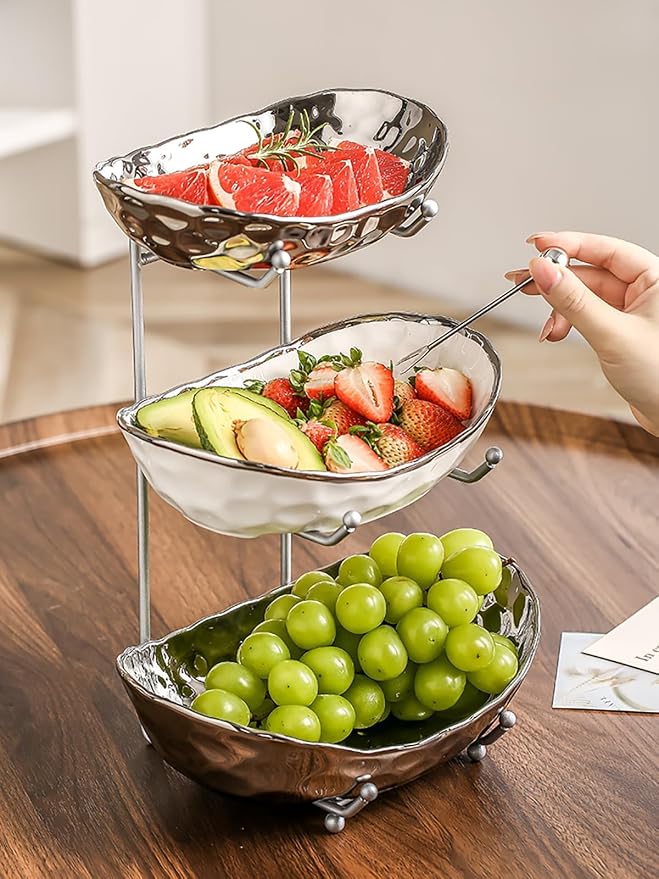 3-Tier Fruit Bowls for Kitchen Counter,Ceramic Bowl with Silver Metal Stand,3 Tier Fruit Basket for Fruit,Snack,Cake,Nuts,Dessert Storage - Image 4