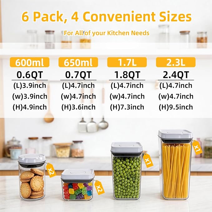 Pop Push Button Airtight Food Storage Containers 6 Set | 4 Sizes: 0.65/0.7/1.8/2.4Qt, BPA-Free Clear Canisters for Pantry, Pasta, Snacks, Coffee, Pet Food, Fridge - Image 3
