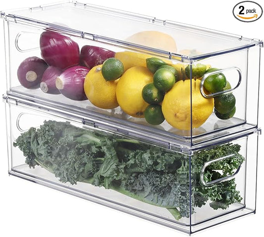 Fridge Organizers and Storage Pull Out Drawer, 2 Small | Stackable, Clear, Fruit and Veggies Containers, for Kitchen, Cabinet by Bronkeeper