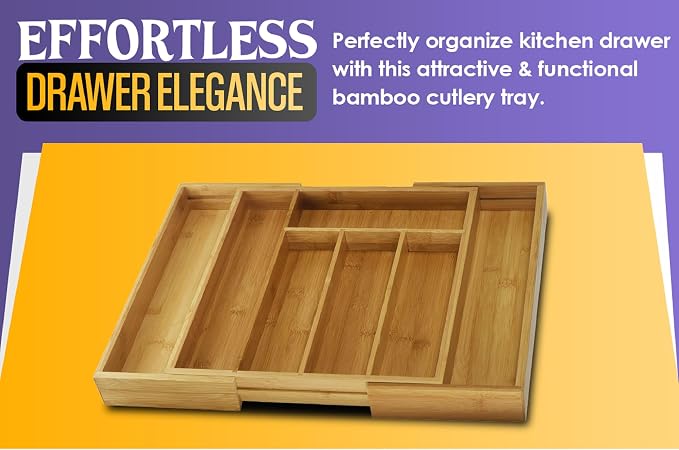 YBM HOME Pack of 6 Bamboo Cutlery Tray Flatware Silverware Drawer Organizer with 5 Compartments, 338 - Image 4