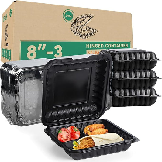55-Pack 8x8 34oz Black To Go Containers – Shrink Wrapped No Pre-Wash | 3-Compartment Sanitary Sealed BPA-Free Heavy Duty Clamshell | Microwave Freezer Safe, Leak-Proof Meal Prep & Leftover Boxes by LEOBOX