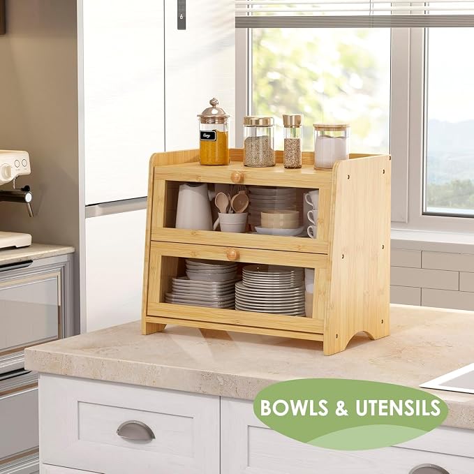 Double Layer Bread Box Container for Kitchen Countertop Homemade Bread | Large Breadbox Storage Wooden Farmhouse Bread Holder (Bamboo, Large-16.54" L x 9.84" W x 14.96" H) - Image 5