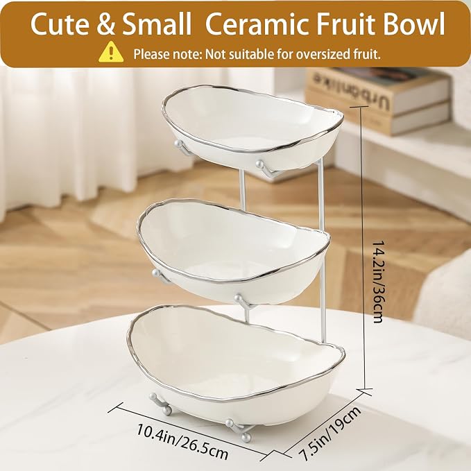 Ceramic Fruit Bowl for Kitchen Counter - 3 Tier Fruit Basket with Metal Stand, Tiered Fruit Stand for Countertop, Snack, Nuts, Cake, Dessert, Small & Cute (Silver-rimmed) - Image 3