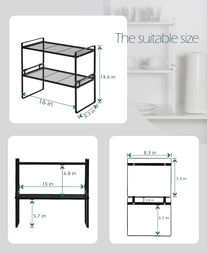 Shantton Cabinet Shelf Organizer, Pantry Shelf Rack, Black 16x8.3x7.3 | 2-Pack Stackable Metal Riser Holds 40LBS with Non-Slip Feet for Kitchen Pantry Bathroom Countertop Freezer Cupboard - Image 3