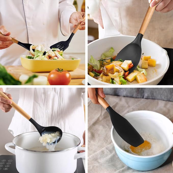 Silicone Kitchen Utensils Set of 6, Cooking Utensils Set with Heat Resistant Wooden Handle, Nonstick Silicone Spatula Spoon Turner Ladle, Cooking Kitchen Gadget for Cookware & Baking BPA FREE - Image 9