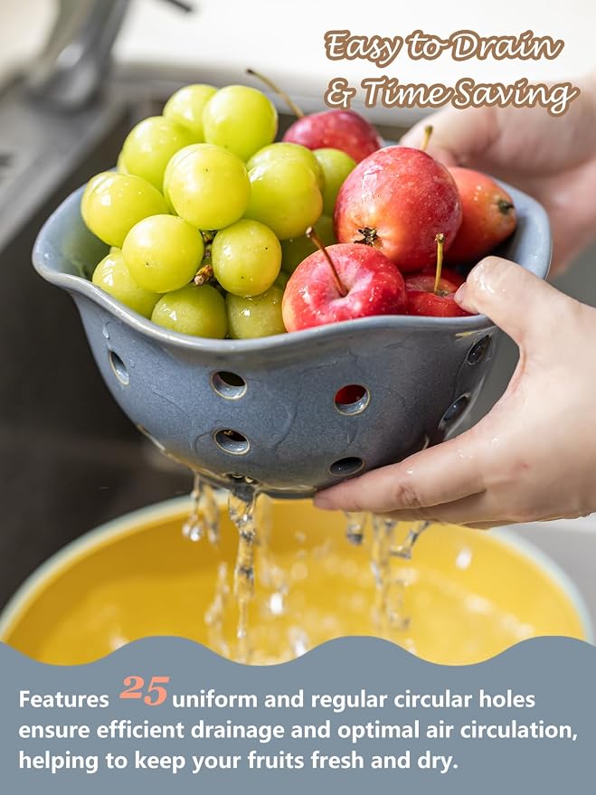 Gomakren Fruit Basket Set of 2, Ceramic Fruit Bowl Berry Basket with Holes, 7.6 Inch Fruit Containers Colander for Fridge - Farmhouse Kitchen Decor, Slate Blue - Image 3