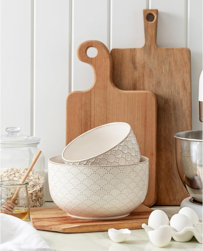 Mikiegy Ceramic Mixing Bowls Set of 2, Nesting Ceramic Embossment Stoneware Mixing Bowls for Cooking, Serving, Popcorn, Salad etc, Microwave & Dishwasher Safe, 44/98 oz, Off-White - Image 2
