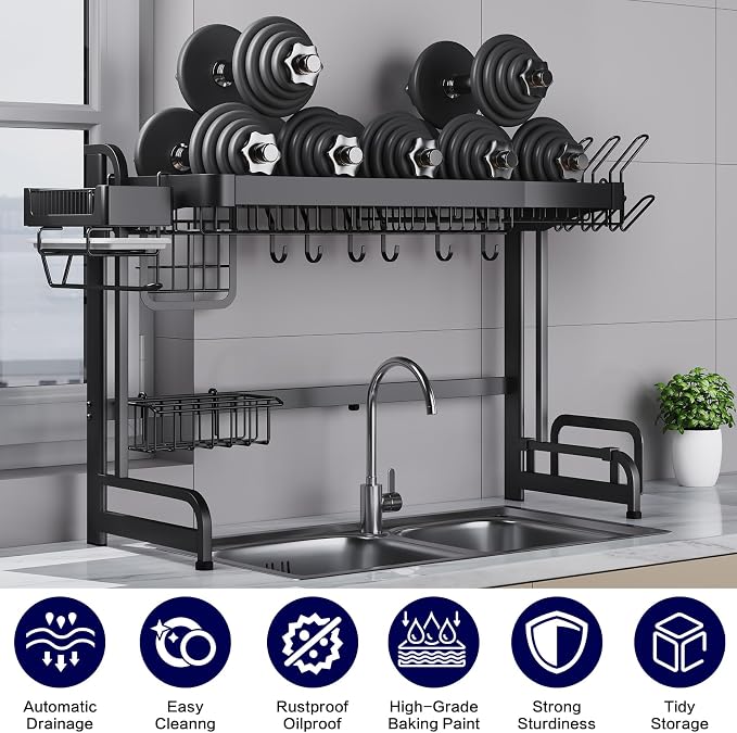LIVOD Over Sink Dish Drainer Drying Rack, 2 Tier Full Stainless Steel Storage Adjustable Length Kitchen Rack, Multifunctional Expandable Counter Organizer, Space Saver Dish Rack - Image 5