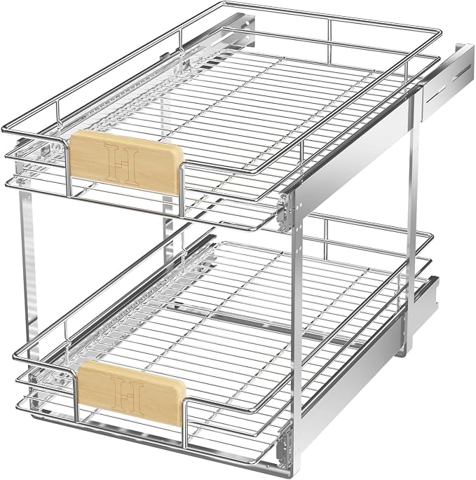 LOVMOR 2 Tier Pull Out Cabinet Organizer 16½" W x 21½" D, Slide Out Drawers with Wooden Handle, Sliding Shelves Organization and Storage for Kitchen, Pantry by LOVMOR