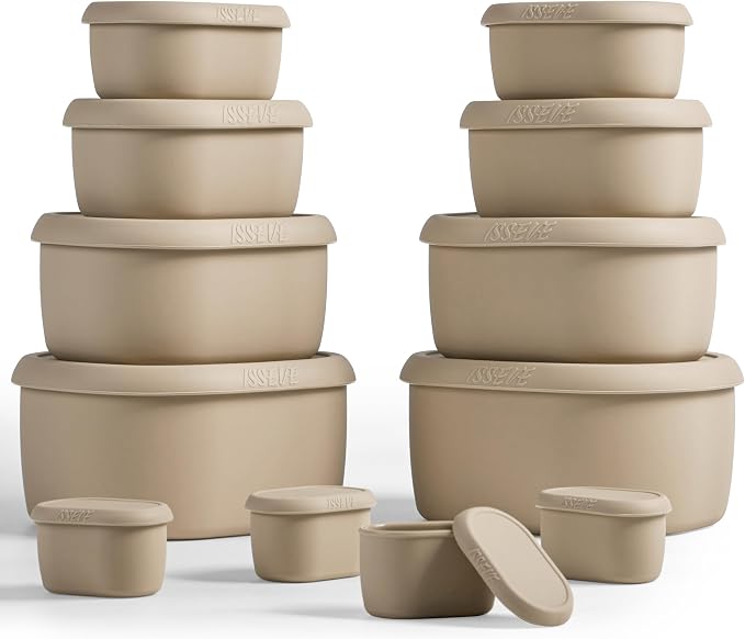 ISSEVE 12Pcs/Set Nesting Silicone Food Storage Containers with Lids | BPA-free, Reusable, Meal Prep Containers, Small Freezer Portions, Dishwasher Cleaning, Nested Cabinet Storage, 5 Sizes, Beige by ISSEVE