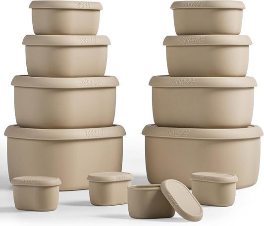 ISSEVE 12Pcs/Set Nesting Silicone Food Storage Containers with Lids | BPA-free, Reusable, Meal Prep Containers, Small Freezer Portions, Dishwasher Cleaning, Nested Cabinet Storage, 5 Sizes, Beige by ISSEVE