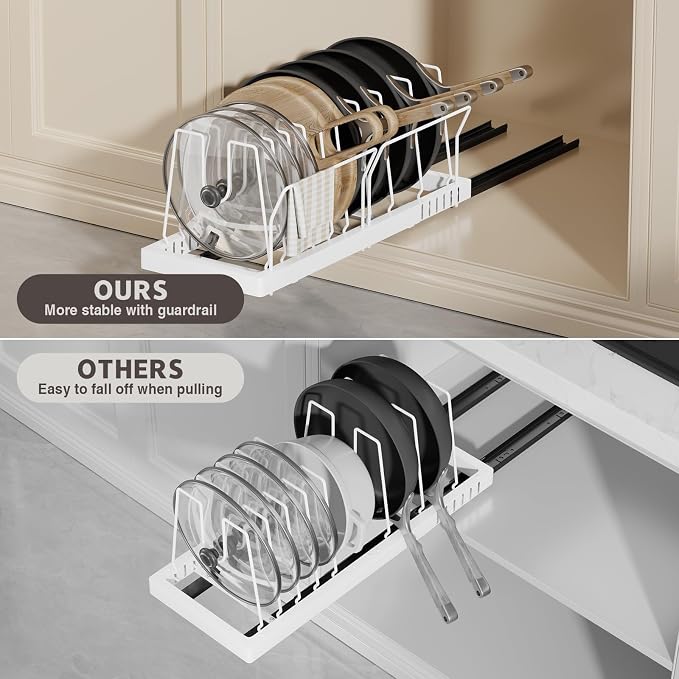 Magheo Pots and Pans Organizer Under Cabinet, 22" Deep Expandable Pull Out Pot Lid Organizer and Storage with 10 Adjustable Dividers No Drill Pot and Pan Holder Rack with Handle Bracket(1 Pack,White) - Image 5