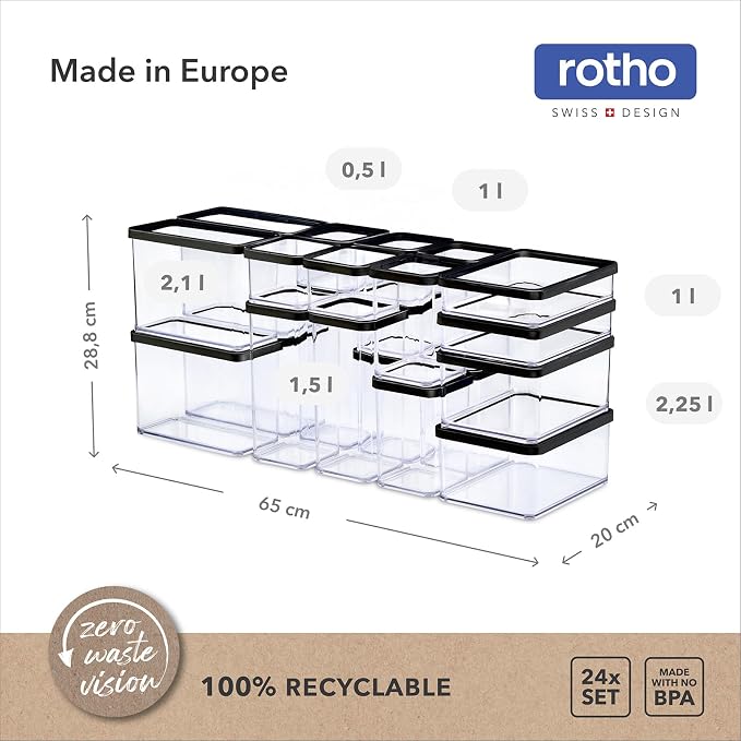 Rotho Loft Storage Box Set of 24 Plastic Boxes with Lid Transparent | Airtight storage box, aroma-tight silicone seal, stackable, for flour, pasta and rice, dishwasher safe - Image 3