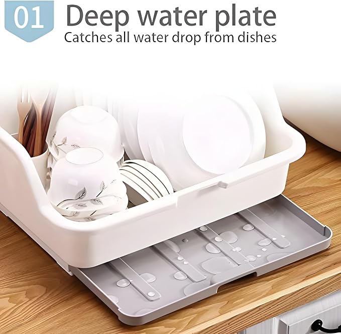 Tomorotec Medium Size Dish Drying Rack & Drain Board with Lid Cover, White | Kitchen Counter Drainer with Dust-Proof Clear Cover, Detachable Design with Utensil Holder, Plate Cup Tray Cutlery Drainer - Image 2