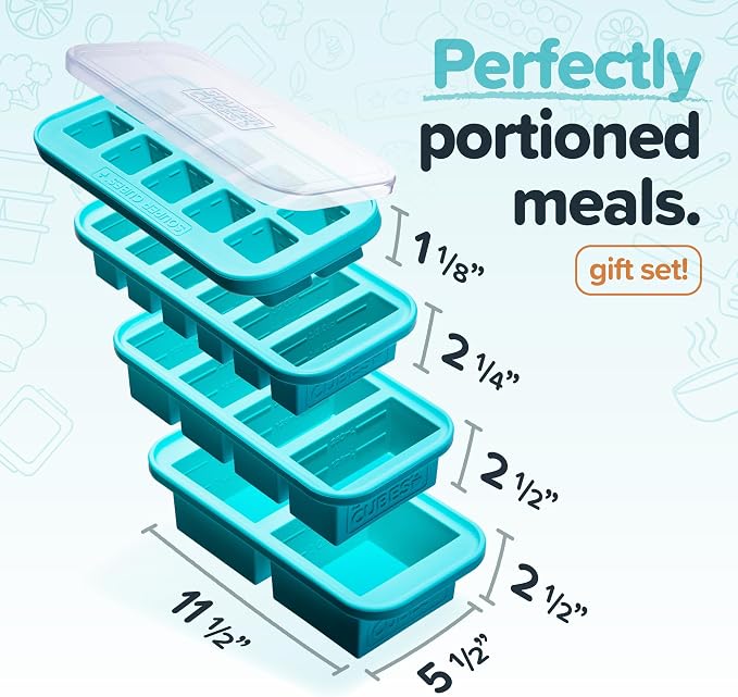 Souper Cubes Silicone Freezer Molds Gift Set, Aqua | 2 Tbsp, 1/2 Cup, 1 Cup and 2 Cup Silicone Molds for Food Set, Perfect for Freezing Soup, Grains, Proteins, Herbs and More - Image 2