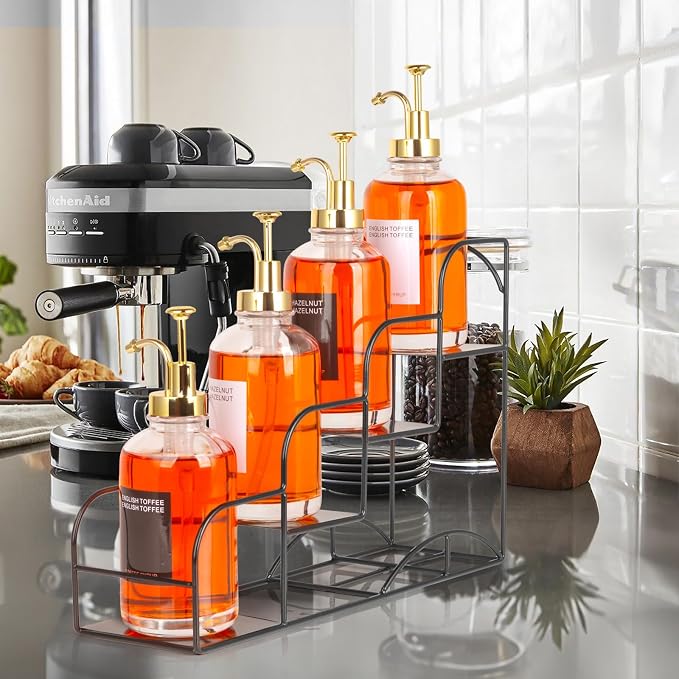 Syrup Rack for Coffee Bar Accessories, Iron 4 Compartment Bottle Organizer, Countertop Display Storage Shelf Bottle Stand, Metal Coffee Bar Organizer for Wine, Kitchen, Holds 4 Bottles - Image 6
