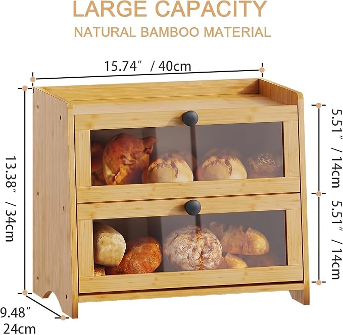 BAMBANG Bread Box for Kitchen Countertop, Extra Large Bamboo Bread Storage Container for Homemade Bread, Double Layer Sourdough Breadox, Bread Bin Organizer for Counter Cabinet Pantry, Natural - Image 3