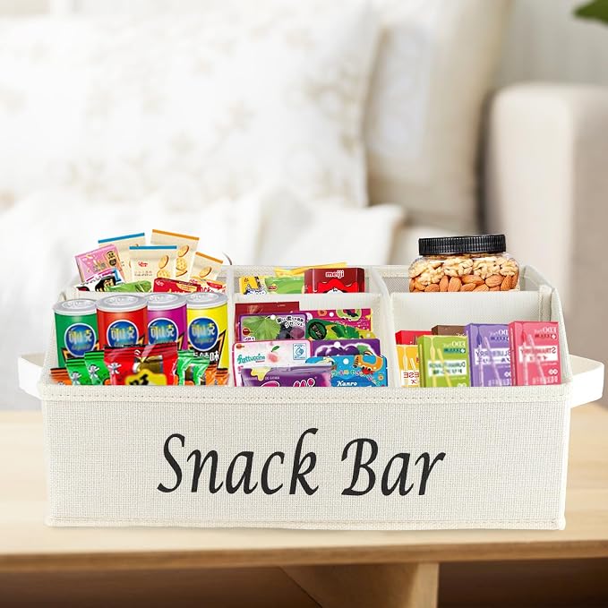 Snack Organizer for Countertop, Fabric Snack Organizer with Handles, 6 Compartment Snack Box Container Snack Basket, Snack Bar Station Organizer, Kitchen Pantry Organizer and Storage - Beige - Image 5