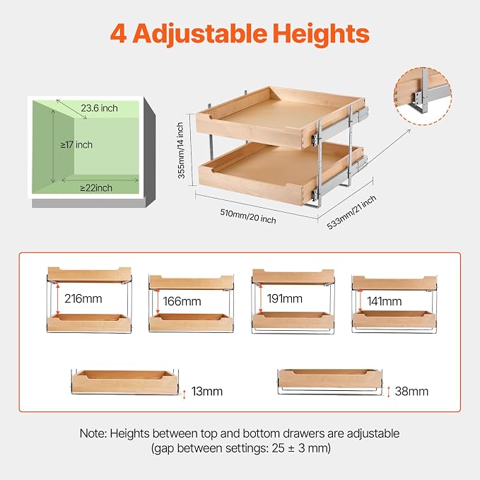 VEVOR 2 Tier Pull Out Cabinet Organizer, 20" W x 21" D Cabinet Drawer, Soft Close Slide out Shelf, Heavy-Duty Sliding Wood Drawer, Adjustable Base Cabinet Organization for Kitchen Pantry Bathroom - Image 5