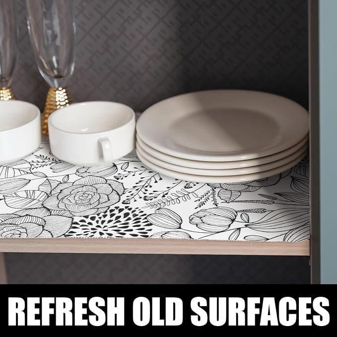 Floral Drawer and Shelf Liner for Kitchen 12IN x 20FT, Non-Adhesive | Strong Non-Slip Cabinet Drawer Liners, Waterproof Thickened Shelf Liner,Easy to Clean,Black and White - Image 2