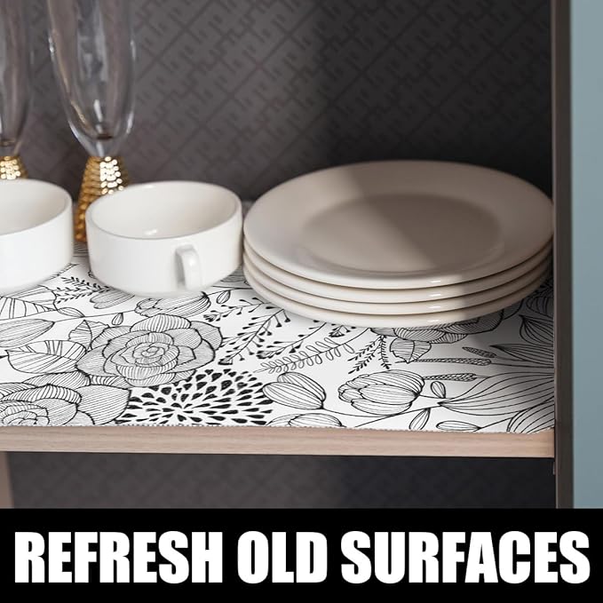 Shelf and Drawer Liner for Kitchen Cabinets, Non-Adhesive Black and White | Strong Non-Slip Floral Shelf Cabinet Drawer Liners, Waterproof Thickened Shelf Liner ,Easy to Clean,12IN x 10FT - Image 2