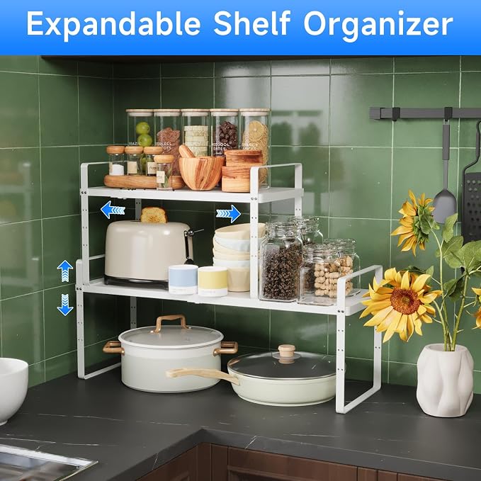 Expandable Cabinet Shelf Organizer, Stackable Kitchen Pantry Counter Storage, Adjustable Closet Cupboard Stand Rack Risers Spice Organization 80LBS Heavy Duty White Small 1 Pack - Image 3