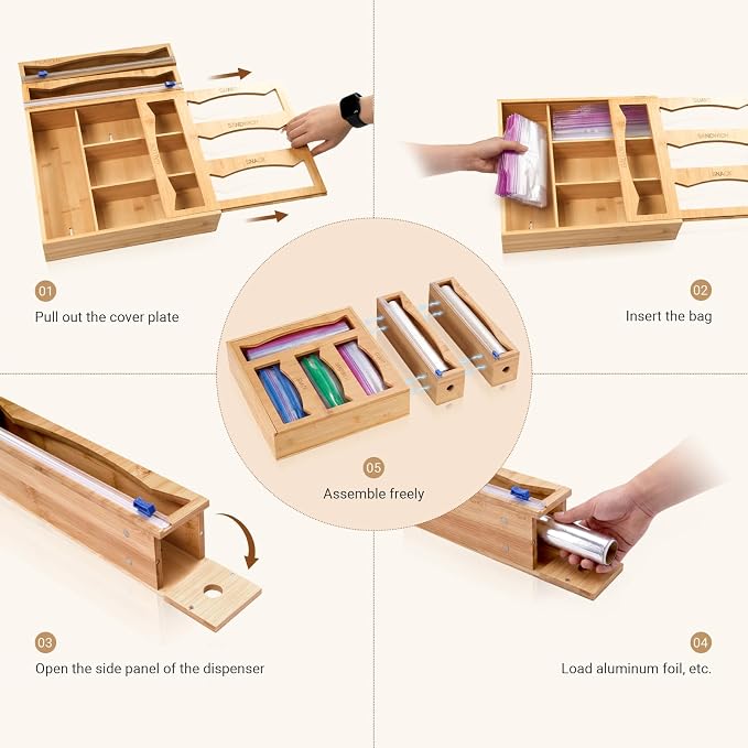 6-in-1 Bamboo Kitchen Drawer Organizer for Storage Bag, Foil & Plastic Wrap - Image 3