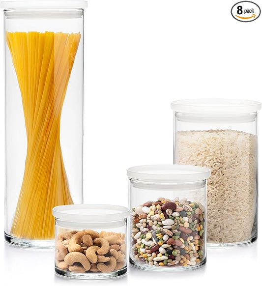 Libbey Stacking Cylinder Assorted Storage Jars, Stackable Glass Jars Set of 4, Airtight Plastic Lids, Dishwasher Safe Food Jars for Storing Dry Goods by Libbey