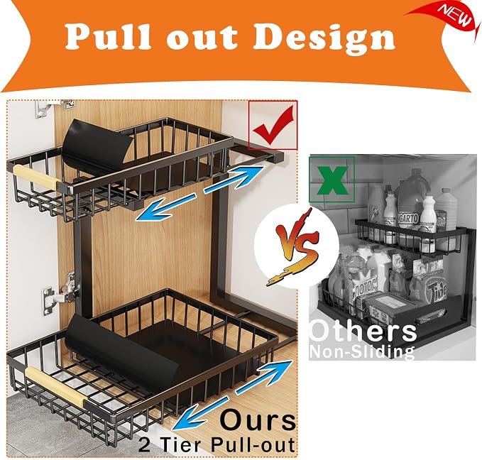 2 Pack Under Sink Organizer Cabinet for Kitchen Bathroom, 2 Tier Metal Slide Out Under Sink Drawers, Adjustable Height, Under Sink Pull Out Organizers and Storage, Black, 13.7" H-17 H - Image 3