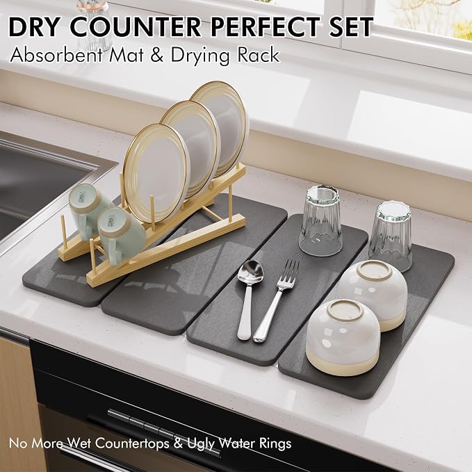 Stone Dish Drying Mat for Kitchen Counter, 24x16 Inch Super Absorbent Diatomaceous Earth Dish Drying Mat with Bamboo Dish Rack, Collapsible Fast Dry Drying Mat for Utensils Dishes Cups - Image 2